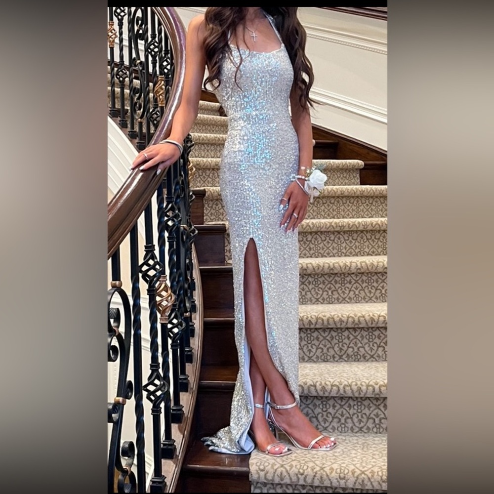 Elegant Silver Sequin Evening Gown